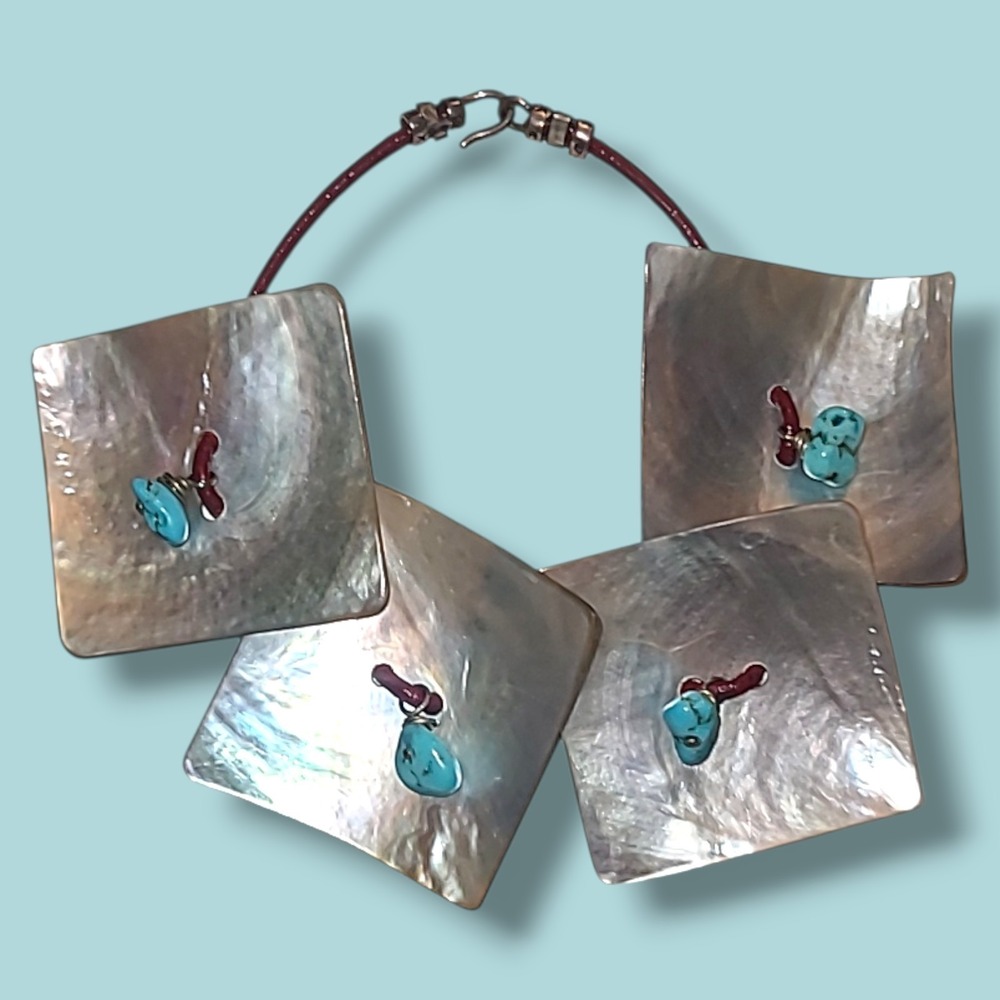 Sterling Silver Shell Turquoise Leather Bracelet Square Panel‎ Artisan 7in
